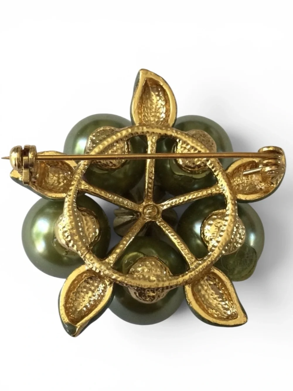 Vintage Faux Pearl & Enamel Floral Brooch • AB & Peridot Rhinestones - Picture 10 of 11